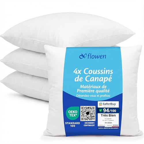 Flowen - Coussin Canape 40x40 Lot de 4 Oreillers Decoratif Accessoires pour Sofa Decoration Aesthetic pour Salon et Exterieur Antiallergiques et Anti-Acariens avec Taie d'Oreiller en Coton et Polyest.