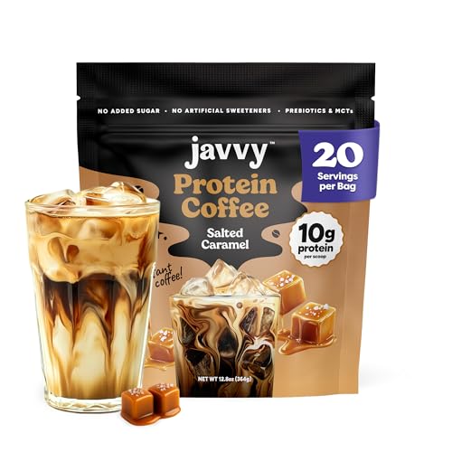 Image of Javvy Protein Iced Coffee - Premium Whey Protein & Iced Coffees, 100% Natural Cold Brew, Zero Artificial Flavors & Sweeteners, 80mg Caffeine, No Added Sugar, 20 Servings, Salted Caramel Discontinued
