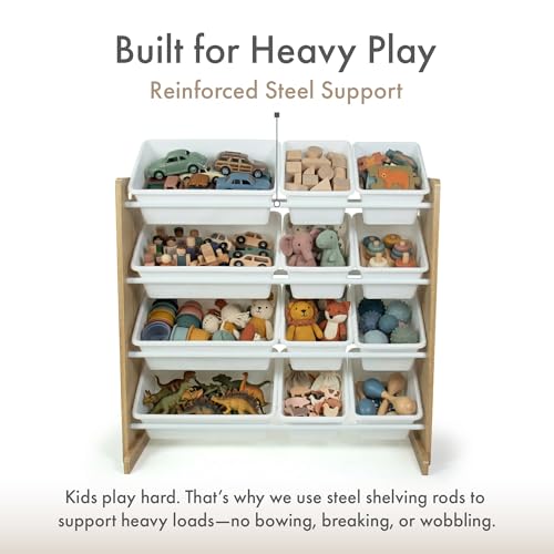 Image of Humble Crew Toy Storage Organizer with 12 Removable Storage Bins for Kids Playroom, 4-Tier Toddler Toy Organization, Natural Wood /White