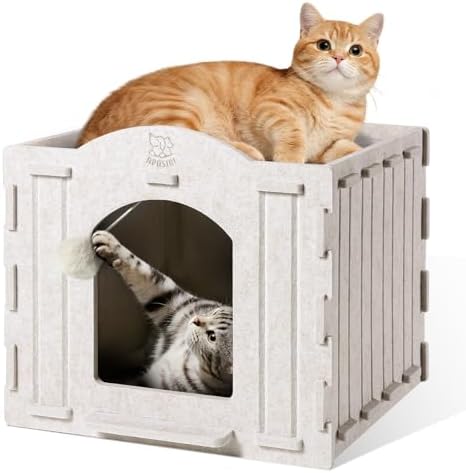 Apasiri Indoor Cat House Scratch-Resistant: Warm Enclosed Felt Bed Cave with Hanging Ball Toy, No-Tool Assembly Hideaway for Anxious Cats & Kittens, 13.4x13.4x9.85 Inch Interior
