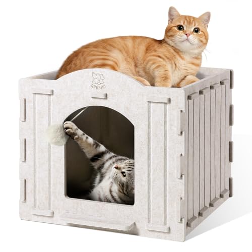 Apasiri Indoor Cat House Scratch-Resistant: Warm Enclosed Felt Bed Cave with Hanging Ball Toy, No-Tool Assembly Hideaway for Anxious Cats & Kittens, 13.4x13.4x9.85 Inch Interior