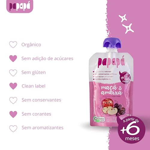 Papapá, Papinha infantil, Orgânico, Sabor Maçã & Ameixa, 100g, Rosa