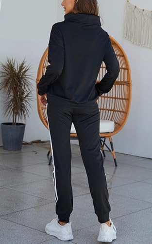 Women's Tracksuit Cowl Neck Long Sleeve Sweatshirt and Sweatpants Set Letter Print 2 Piece Outfits Black S
