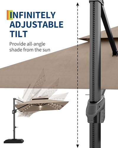 10' x 10' Heavy Duty Cantilever Patio Umbrella with Solar LED Lights & Weighted Base, 2-Tier Square Aluminum Offset Outdoor Umbrella with 360-Degree Rotation for Backyard, Deck, Pool, Tan