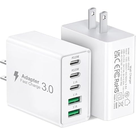 USB C Fast Charger Block,50W 5-Port USB C Wall Charger Brick,2 USB A & 3 USB C PD3.0 Power Adapter Multiport Type C Charging Plug for iPhone 12/13/14/15,Pad Mini/Pro, GalaxyS23 S22 (2Pack) Cover