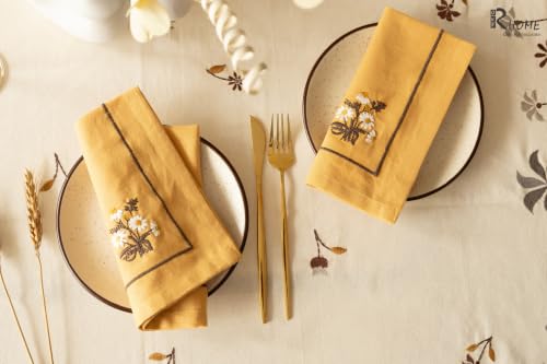 Image of Golden Daisy Embroidered Cotton Napkins Set of 6, 16x16 Inch, Floral Yellow Flower Dinner & Cocktail Napkins, Reusable Machine Washable Cloth Napkins for Dining Table, Tea Party & Home Decor