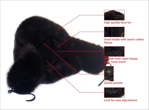 Image of Winter Fur Ushanka Russian Hat with Secret Pocket and Removable RED Star Emblem