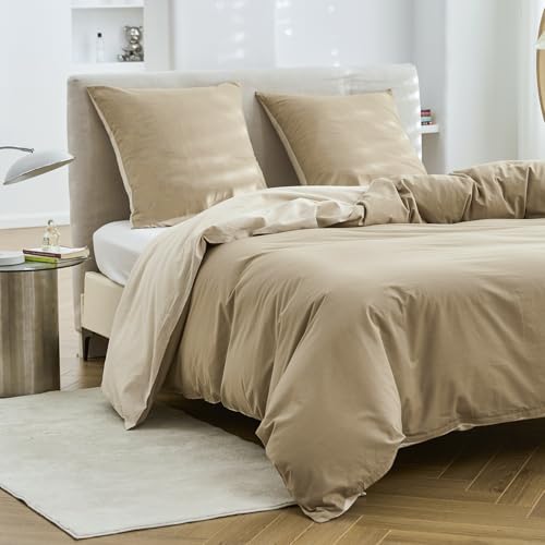 Simple&Opulence Ropa de Cama 200x200cm de algodón, Ropa de Cama con Cierre de Cremallera, Conjunto de Ropa de Cama de Dos Colores con Fundas de Almohada 80x80cm, Lino/Caqui