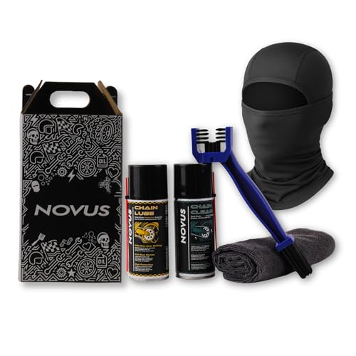 Novus Moto Maniac Motorcycle Maintenance Kit with Chain Clean 150ML, Chain Lube 150ML, Maintenance Brush, 350GSM Microfibre Cloth, 2 Premium Aero Fit...