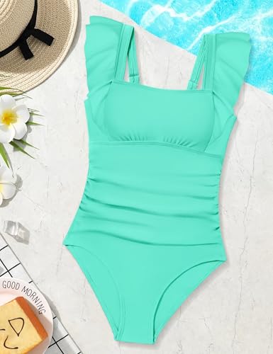 Image of Qaoerde Girls One Piece Swimsuits Ruffle Solid Color Bathing Suit for 9-16Y | Adjustable Straps, Ruched, Padded