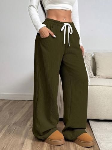 Image of Women's Trendy Korean Trouser with Pockets, Casual Corduroy Stretchable Baggy Loose || High Rise Elastic Waist Going Out Lounge Pants || Wide Leg Pants for Woman