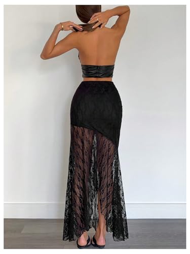 Verdusa Women's Floral Lace Sheer Elegant Skirt Vintage High Waist Maxi Party Skirts2