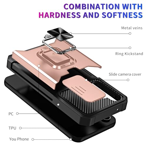 Image of LuxuryKase Shockproof Armor Case for Samsung Galaxy S26 | Slide Camera Cover | Hidden Card Slot | Rotating Ring Kickstand | Magnetic Car Mount Support | Military Grade Protection - Rose Gold