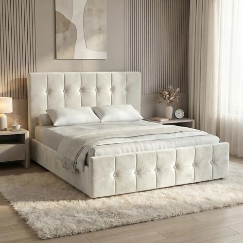 Blisswood Upholstered Ottoman Bed, 5ft King Bed Frame UKFR Velvet Ottoman Storage Bed With Gas Lift End Opening Wooden Slats With Storage Bed (5ft King, Beige – No Mattress)