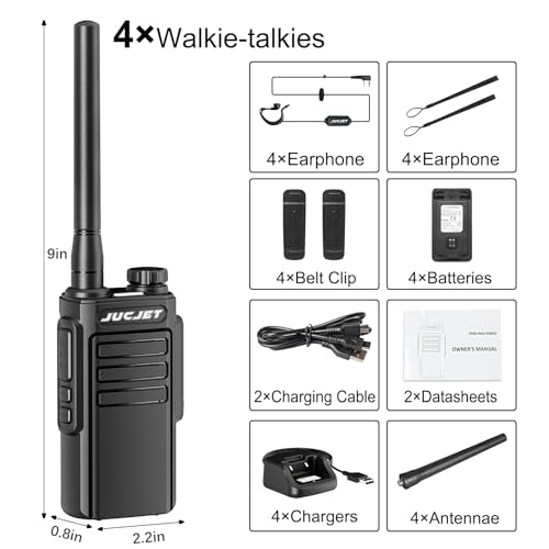 JUCJET EP31 Walkie-Talkie (4 Stück), IP54 wasserdichte Walkie-Talkies, PMR446-Walkie-Talkie mit Großer Reichweite, 2-in-1-TYP-C-Ladekabel, mit USB-Ladestation, original Kopfhörer. (Schwarz)