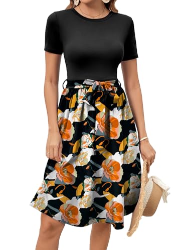 Image of Women's Elegant Vintage Round Neck Short Sleeve Summer Casual Work Party A-Line Dress with Belt 809