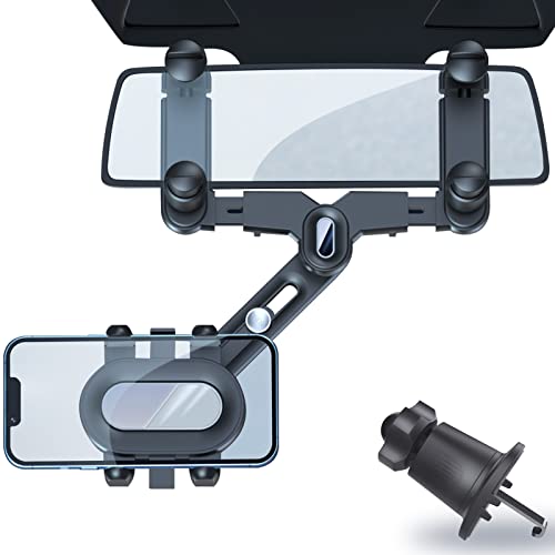 SINSEN Phone Mount for Car Rearview Mirror, Cell Phone Holder with Extra Vent Mounting Clip, 720° Rotatable Retractable Universal Fit, Eye Level Hands-Free GPS