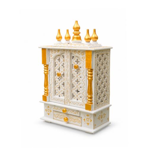 Image of Handmade Wooden Temple Mandir in White & Gold, Hand-Painted with Carved Panels; Perfect Decorative Pooja Shrine for Home or Office, 30x15x40 cm