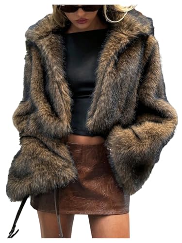 Women's Y2k Faux Fur Coat Open Front Fuzzy Jacket Shaggy Oversized Coat Fall Winter Warm Crop Jacket Outerwear