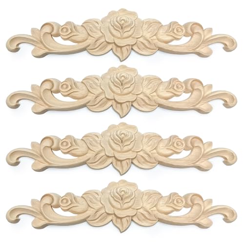Vilanca 4Pcs Decorative Rose Wood Carved Appliques Onlays, 11.8 x 2.8 inch Unpainted Solid Wood Long Carving Decal for Furniture Cabinet Bed Wardrobe Closet DIY Decoration (12x3inch,4PCS)