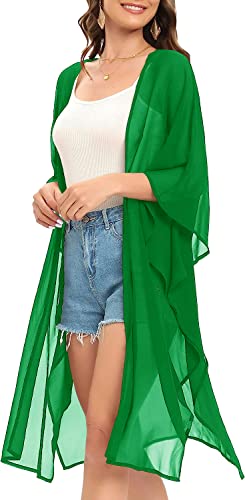 Image of Indian Trendy Women's Solid Puff Sleeve Kimono Long Cardigan Loose Cover Up Casual Blouse Top Chiffon