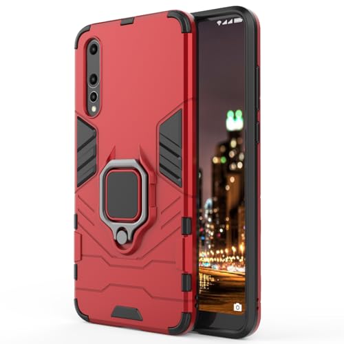 Hülle für Huawei P20 Pro, Panzerhülle mit 360° Metall Ring Ständer, Kratzfestes Stoßfest Hart Handyhülle, Armor Hülle mit Kameraschutz (Rot)