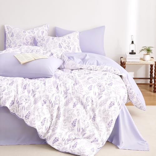 Image of Wake In Cloud - Floral Comforter Set, Botanical Vintage Flower Coquette Cottagecore Aesthetic for Women Teen Girls, Soft Lightweight Dorm Bedding, 3 Pieces, Lilac, Queen Size