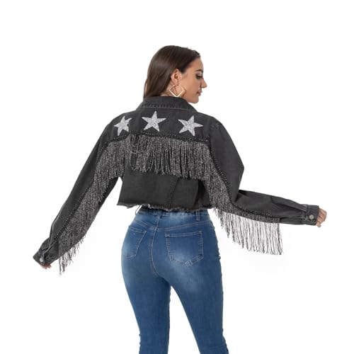 Fringe Denim Jean Jacket Cropped Rhinestone Denim Jacket Distressed Long Sleeve Tassel Jean Coat for Women