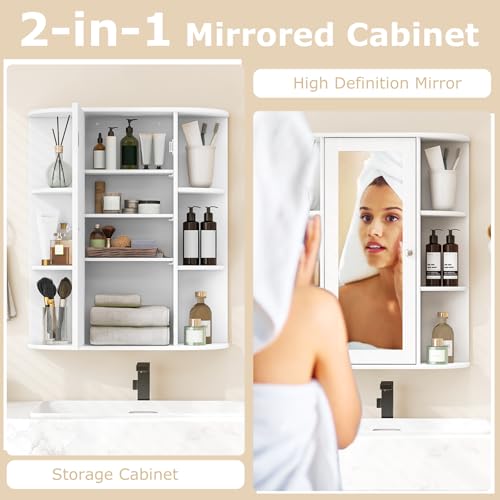 GIANTEX Armario de Baño de Pared, Armario Colgante con 6 Compartimentos Abiertos, Puerta con Espejo y Estante Ajustable, 60 x 16,5 x 71 cm, Gabinete de Pared para Entrada, Baño (Blanco) - imagen 4