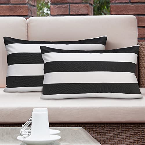 Lewondr Fodere Impermeabili per Cuscini da Esterno, 2 Pezzi Fodera per Cuscino a Righe Rettangolare per Divano da Esterno Veranda Casa di Campagna Giardino Balcone, 30X50cm, Nero Grigio + Bianco