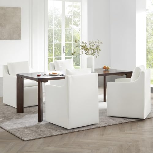 Image of KISLOT Upholstered Dining Chairs with Casters Modern Side Armchair with Rollers for Diningroom Bedroom Livingroom Reading Room, Cream, 4 Box