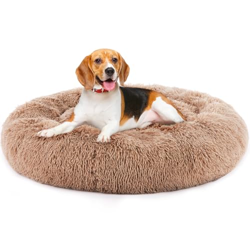 DUMOS Calming Dog Bed, 36 Inch Anti-Slip Round Fluffy Plush Faux Fur Cat Bed, Fits up to 90 lbs Pets, Brown