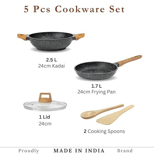 Image of Kreme CeraStone Ultra Granite Nonstick Cookware Set 5 Pieces, Frying Pan 1.7L, Kadai 2.5L, Glass Lid and Wooden Cooking Spoons, PFOA Free, Induction Compatible, Made in India, Black