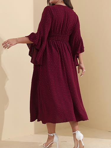 RWJ Women Plus Size Wedding Guest Maxi Dress Summer Wrap V Neck Ruffle 3/4 Sleeve Swiss Dot Slit Cocktail Dresses4