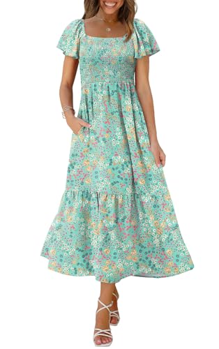 Image of OFEEFAN Summer Dresses for Women Square Neck Ruffle Sleeve Smocked Maxi Dress with Pockets
