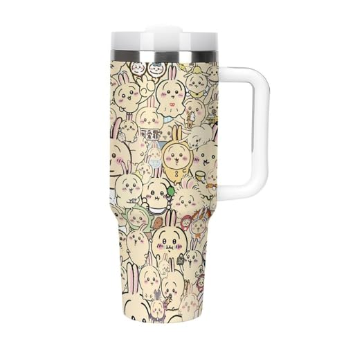 ちい かわいい タンブラー 水筒 ドリンクカップ ウォーターボトル 大容量 ストロー 車用 蓋付き 取っ手付き 保温 保冷 直飲み ステンレス 持ち運び 真空断熱 40オンス 1180m?