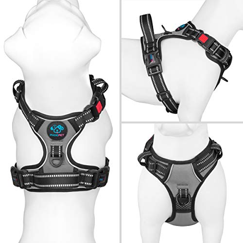 Image of PHOEPET No Pull Dog Harness Medium Reflective Front Clip Vest with Handle,Adjustable 2 Metal Rings 3 Buckles,[Easy to Put on & Take Off](M, Grey)