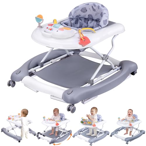 Image of Foldable Baby 5-in-1 Activity Walker - Rocker, Activity Center, Bouncer, Seat, Push Walker - Adjustable Speed Rear Wheels and Height Toys Ages 6-18 Months (Grey)