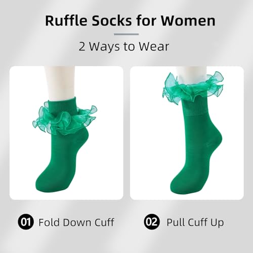 Image of Women Big Ruffle Ankle Socks Adult Double Lace Frilly Turn Cuff Dress Socks Cotton Cute Fancy Bobby Crew Socks