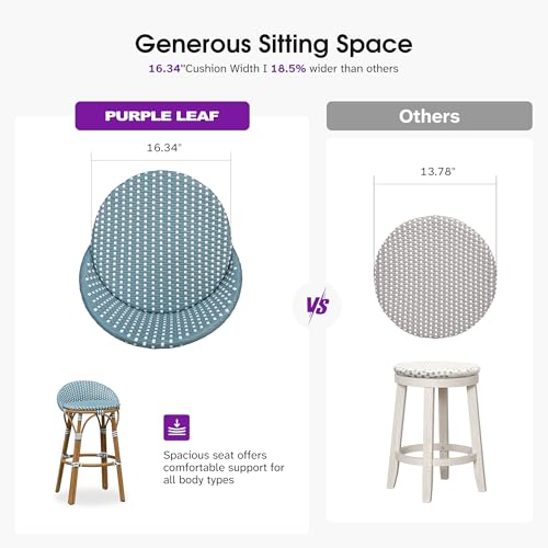 Image of PURPLE LEAF Patio Oversized Backrest Bar Height Stool Set of 1 Outdoor Round Barstools Aluminum Frame in Bamboo Finish Woven Rattan for Indoor Kitchen Dining Bistros Cafe Restaurant Light Blue