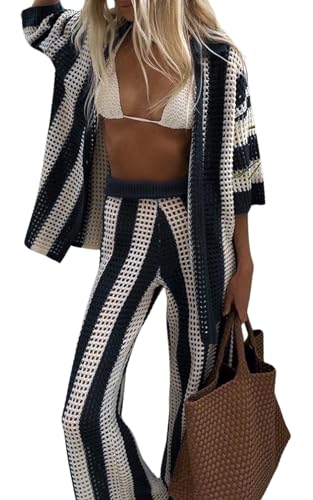 loveimgs Womens Summer 2 Piece Crochet Knit Outfit Striped Short Sleeve Button Shirt Hollow Out Wide Leg Pants Set (Large,Blue)