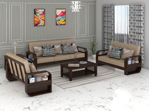Image of Sheesham Wood 7 Seater Sofa Set for Living Room Home Office Solid Wood Sofa Set Furniture Wooden Seven Seater Sofa Set (Walnut,Cream)