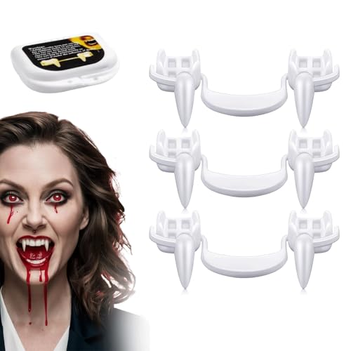 KQLHLHDYZ 3 Paires de Dent de Vampire, Crocs de Vampire d'halloween, Dent de Vampire Rétractables avec Boîte Portable, Faux Dentures pour Cosplay de Fête...
