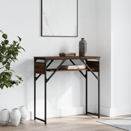 Mesa consola marrón efecto roble de diseño industrial estrecho con espacio de almacenamiento 2