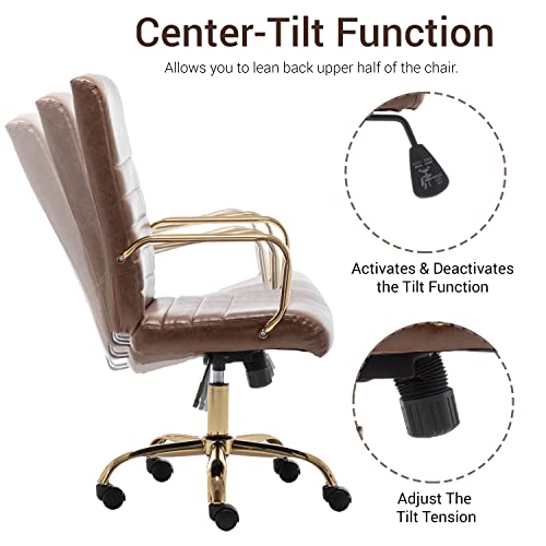 Btexpert Brown Vintage Faux Leather Adjustable Home Office Golden Arms Exectuive Chair High Back Manager Desk Armchair #TOP7