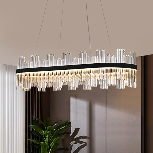 Black Led Modern Crystal Chandelier: 39.3" Rectangle Linear 3 Color Dimmable Chandeliers for Dining Room Over Table - Luxury Rectangular Contemporary Oval Light Fixture for Living Room Bedroom Foyer by ALIYIQI - Used condition - US$205.42