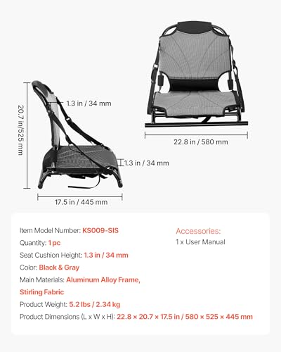 VEVOR Kayak Seat, 1 Pack 1.3" de Altura Elevada, Asiento Universal Plegable para Canoa con Soporte Ajustable para la Espalda, Correas Ajustables y Marco de Aleación de Aluminio para Kayaks Sit-on-Top, de Pesca e Inflables miniatura 7