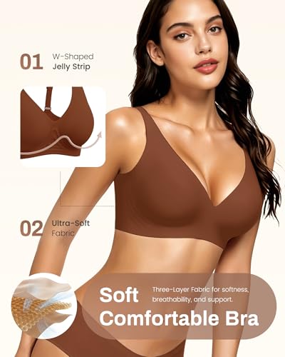 Image of Gailife Deep V Jelly Bras for Women No Underwire Wireless Seamless Push Up Bra Comfort Support Plunge Bralette Full Coverage -BR,S Brown