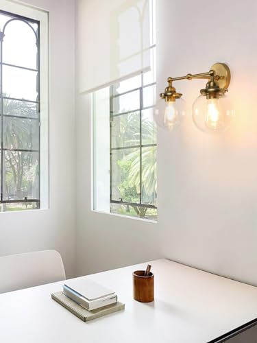 Image of Yosoan Vintage Indoor Vanity Wall Sconce, 2 Light Hardwired Modern Fixture with 5.9 inch Round Glass Globe Hand Blown Shade Lighting for Bathroom Kitchen Dining Room Living Room Bedroom(Antique)