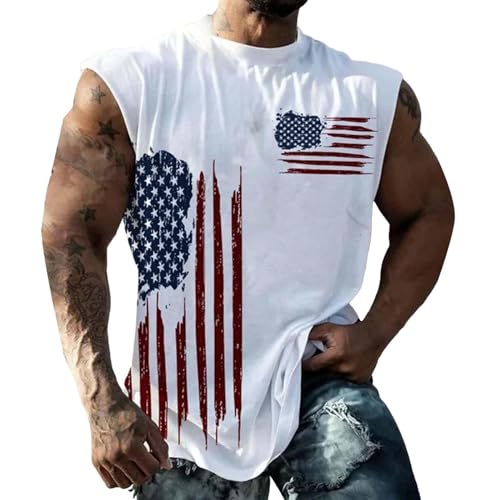 Image of Generisch Men's Tank Top with Flag Design Patriotic USA Motif Sleeveless Muscle Shirt for Workout Gym, White, 3XL